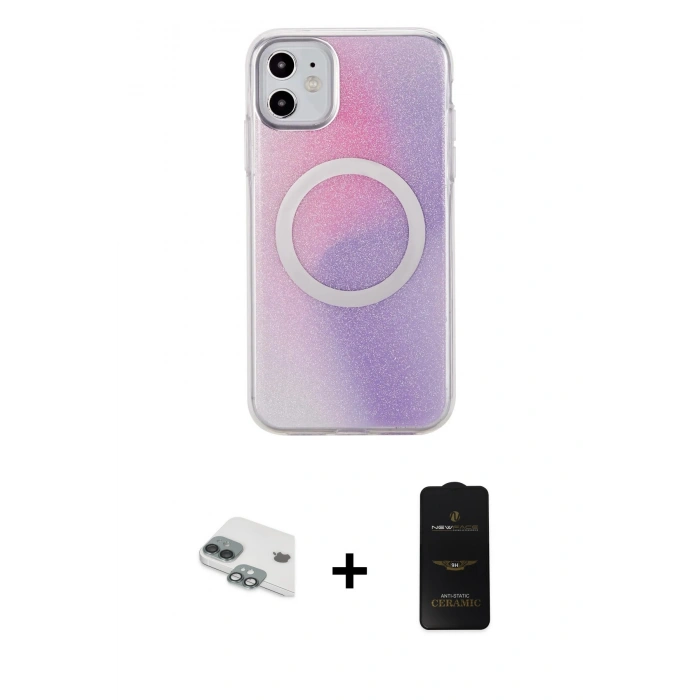 MARSİLYAN™- iPhone 11 Kılıf Pusula Form - Siyah 6D Antistatik Mat Seramik Hayalet Nano Ekran Koruyucu + Pers Alüminyum Kamera Lens - YL