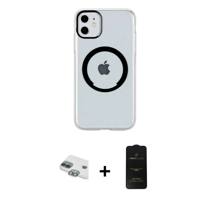 MARSİLYAN™- iPhone 11 Kılıf Pusula Form - Siyah 6D Antistatik Mat Seramik Hayalet Nano Ekran Koruyucu + Pers Alüminyum Kamera Lens - YL