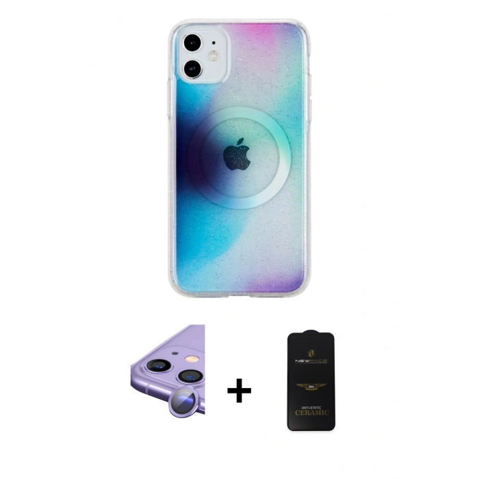 MARSİLYAN™- iPhone 11 Kılıf Pusula Form - Siyah 6D Antistatik Mat Seramik Hayalet Nano Ekran Koruyucu + Raze Metal Kamera Lens - MR