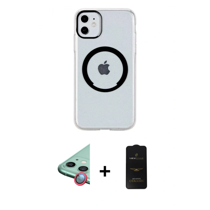 MARSİLYAN™- iPhone 11 Kılıf Pusula Form - Siyah 6D Antistatik Mat Seramik Hayalet Nano Ekran Koruyucu + Raze Metal Kamera Lens - KI