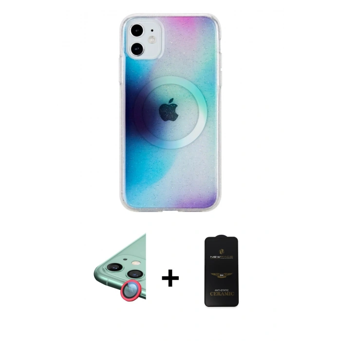 MARSİLYAN™- iPhone 11 Kılıf Pusula Form - Siyah 6D Antistatik Mat Seramik Hayalet Nano Ekran Koruyucu + Raze Metal Kamera Lens - KI