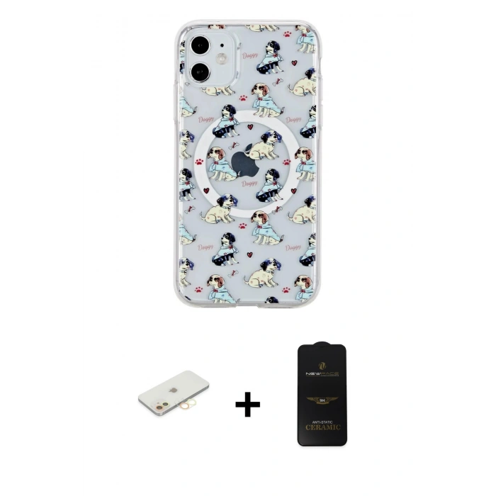 MARSİLYAN™- iPhone 11 Kılıf Pusula Form - Siyah 6D Antistatik Mat Seramik Hayalet Nano Ekran Koruyucu + Renkli Kamera Lens Koruma Cam - SI