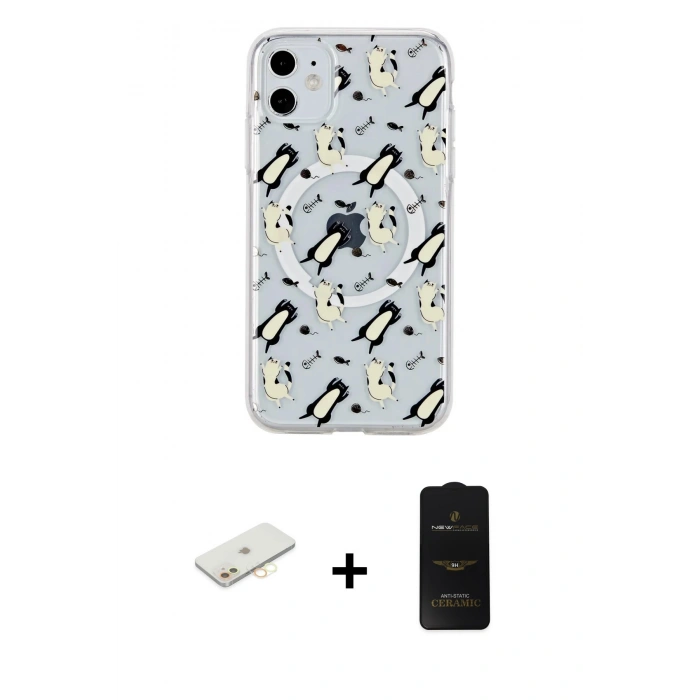 MARSİLYAN™- iPhone 11 Kılıf Pusula Form - Siyah 6D Antistatik Mat Seramik Hayalet Nano Ekran Koruyucu + Renkli Kamera Lens Koruma Cam - SI