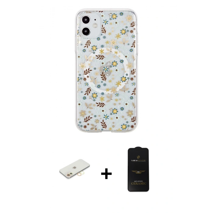 MARSİLYAN™- iPhone 11 Kılıf Pusula Form - Siyah 6D Antistatik Mat Seramik Hayalet Nano Ekran Koruyucu + Renkli Kamera Lens Koruma Cam - SI