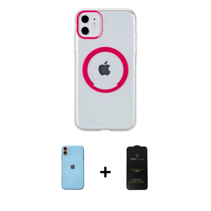 MARSİLYAN™- iPhone 11 Kılıf Pusula Form - Siyah 6D Antistatik Mat Seramik Hayalet Nano Ekran Koruyucu + Neon Fosforlu Kamera Lens - TU