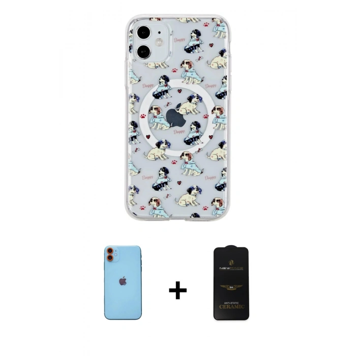 MARSİLYAN™- iPhone 11 Kılıf Pusula Form - Siyah 6D Antistatik Mat Seramik Hayalet Nano Ekran Koruyucu + Neon Fosforlu Kamera Lens - TU