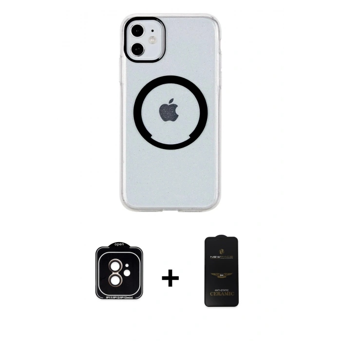 MARSİLYAN™- iPhone 11 Kılıf Pusula Form - Siyah 6D Antistatik Mat Seramik Hayalet Nano Ekran Koruyucu + Turuncu PVD Metal Kamera Lens