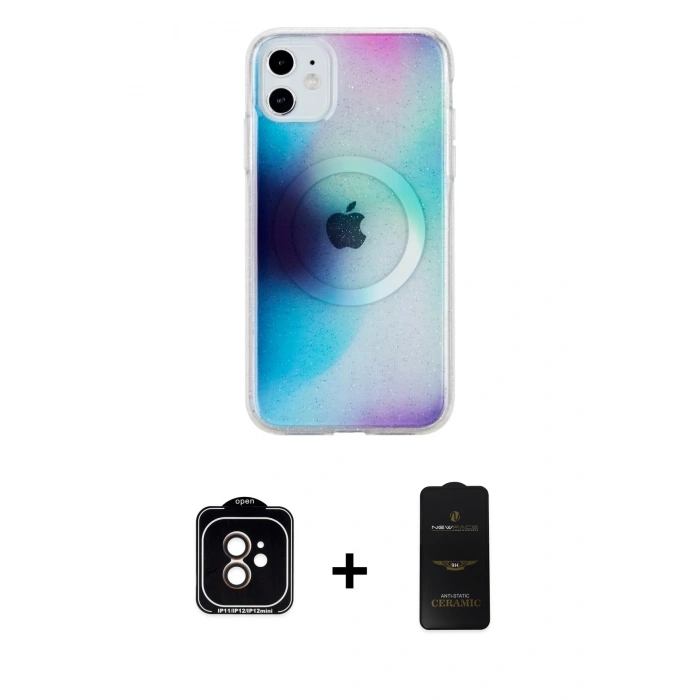 MARSİLYAN™- iPhone 11 Kılıf Pusula Form - Siyah 6D Antistatik Mat Seramik Hayalet Nano Ekran Koruyucu + Turuncu PVD Metal Kamera Lens