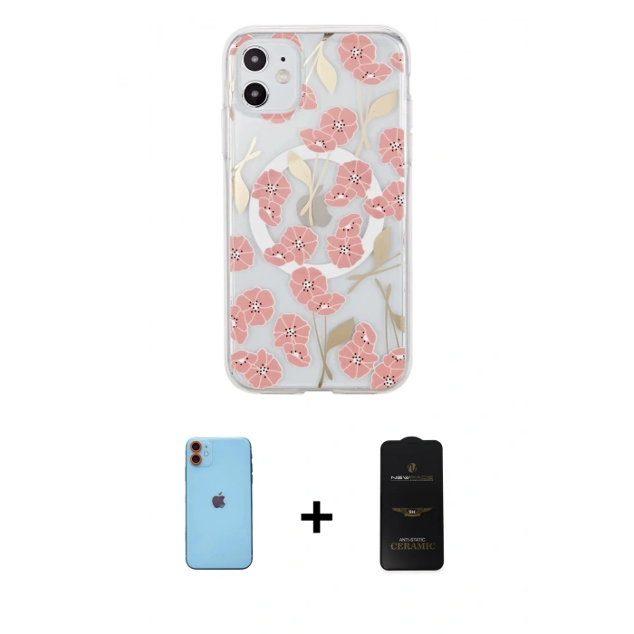 MARSİLYAN™- iPhone 11 Kılıf Pusula Form - Siyah 6D Antistatik Mat Seramik Hayalet Nano Ekran Koruyucu + Neon Fosforlu Kamera Lens - TU