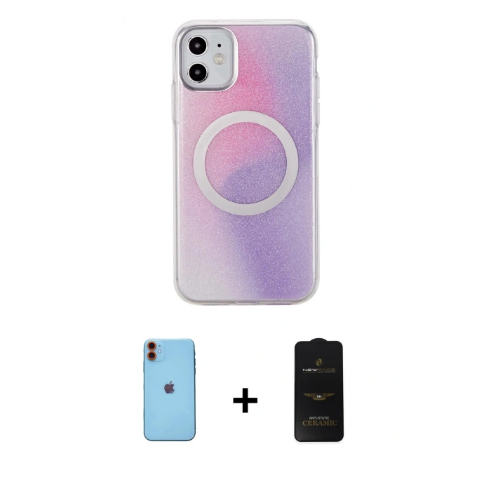 MARSİLYAN™- iPhone 11 Kılıf Pusula Form - Siyah 6D Antistatik Mat Seramik Hayalet Nano Ekran Koruyucu + Neon Fosforlu Kamera Lens - TU