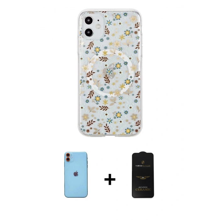 MARSİLYAN™- iPhone 11 Kılıf Pusula Form - Siyah 6D Antistatik Mat Seramik Hayalet Nano Ekran Koruyucu + Neon Fosforlu Kamera Lens - TU