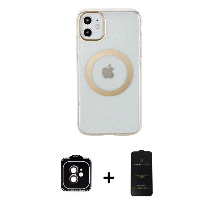 MARSİLYAN™- iPhone 11 Kılıf Pusula Form - Siyah 6D Antistatik Mat Seramik Hayalet Nano Ekran Koruyucu + Turuncu PVD Metal Kamera Lens