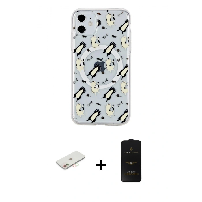 MARSİLYAN™- iPhone 11 Kılıf Pusula Form - Siyah 6D Antistatik Mat Seramik Hayalet Nano Ekran Koruyucu + Renkli Kamera Lens Koruma Cam - YL