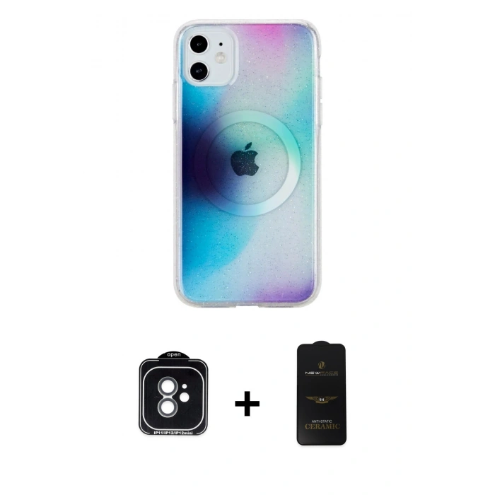 MARSİLYAN™- iPhone 11 Kılıf Pusula Form - Siyah 6D Antistatik Mat Seramik Hayalet Nano Ekran Koruyucu + PVD Metal Kamera Lens - YL
