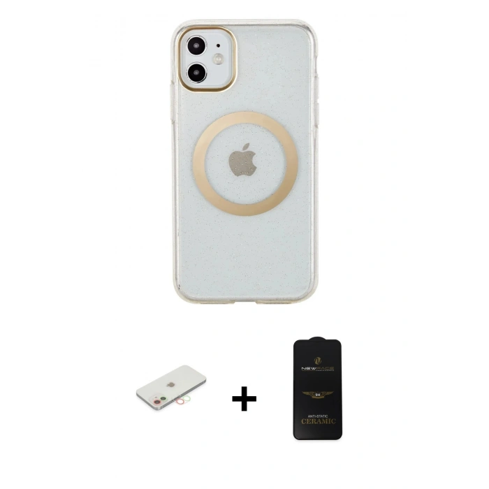 MARSİLYAN™- iPhone 11 Kılıf Pusula Form - Siyah 6D Antistatik Mat Seramik Hayalet Nano Ekran Koruyucu + Renkli Kamera Lens Koruma Cam - YL