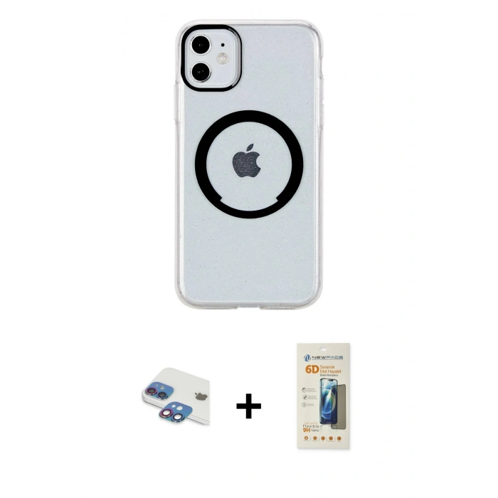 MARSİLYAN™- iPhone 11 Kılıf Pusula Form - Siyah 6D Mat Seramik Hayalet Nano Ekran Koruyucu + Pers Alüminyum Kamera Lens - GI
