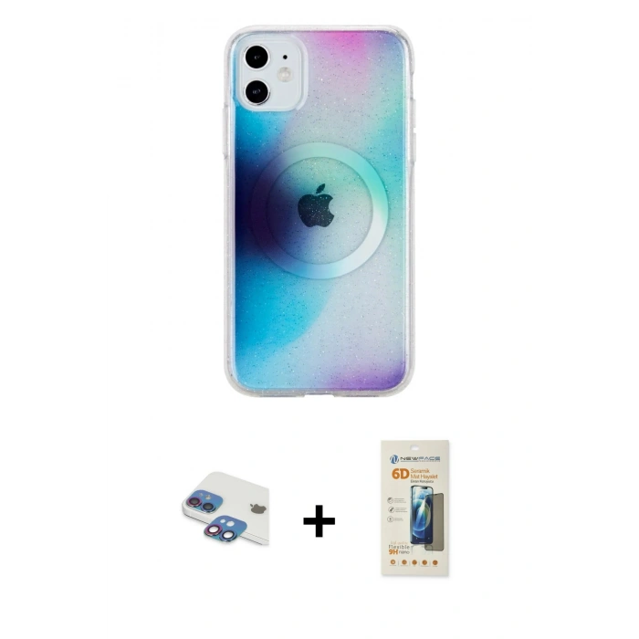 MARSİLYAN™- iPhone 11 Kılıf Pusula Form - Siyah 6D Mat Seramik Hayalet Nano Ekran Koruyucu + Pers Alüminyum Kamera Lens - GI