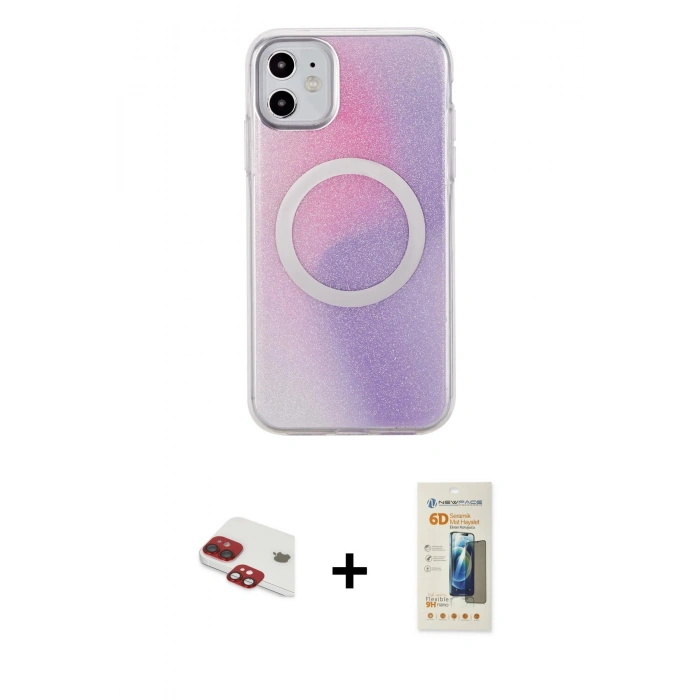MARSİLYAN™- iPhone 11 Kılıf Pusula Form - Siyah 6D Mat Seramik Hayalet Nano Ekran Koruyucu + Kırmızı Pers Alüminyum Kamera Lens