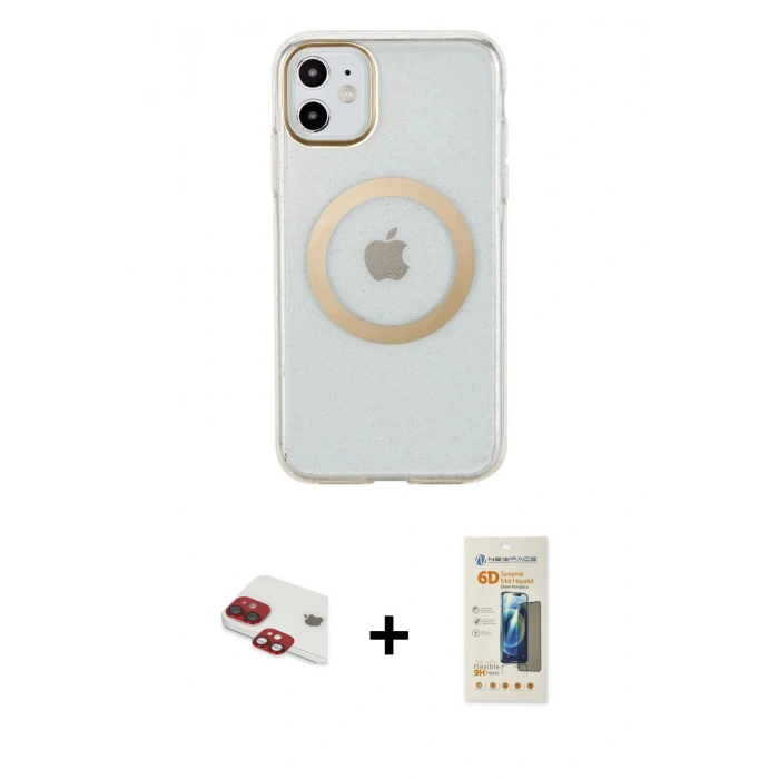 MARSİLYAN™- iPhone 11 Kılıf Pusula Form - Siyah 6D Mat Seramik Hayalet Nano Ekran Koruyucu + Kırmızı Pers Alüminyum Kamera Lens