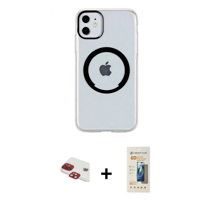 MARSİLYAN™- iPhone 11 Kılıf Pusula Form - Siyah 6D Mat Seramik Hayalet Nano Ekran Koruyucu + Kırmızı Pers Alüminyum Kamera Lens