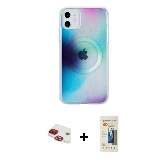 MARSİLYAN™- iPhone 11 Kılıf Pusula Form - Siyah 6D Mat Seramik Hayalet Nano Ekran Koruyucu + Kırmızı Pers Alüminyum Kamera Lens