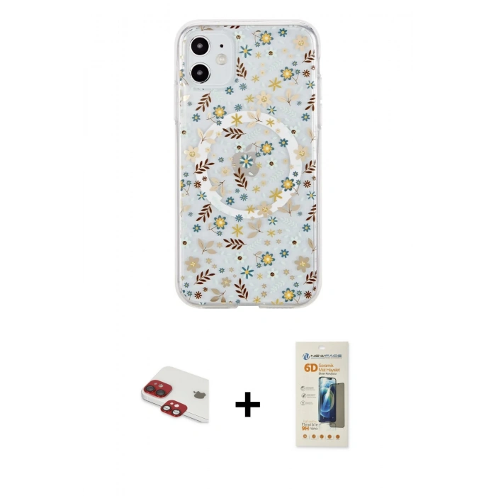 MARSİLYAN™- iPhone 11 Kılıf Pusula Form - Siyah 6D Mat Seramik Hayalet Nano Ekran Koruyucu + Kırmızı Pers Alüminyum Kamera Lens
