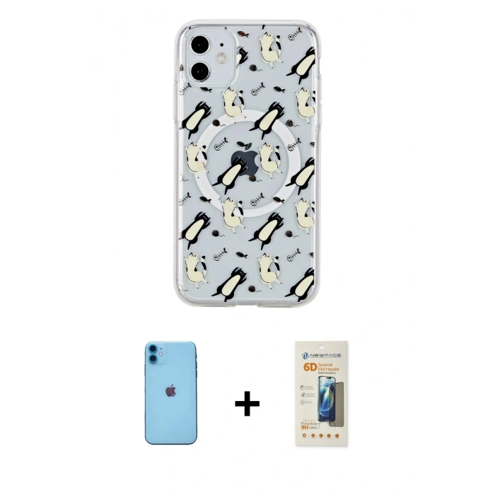 MARSİLYAN™- iPhone 11 Kılıf Pusula Form - Siyah 6D Mat Seramik Hayalet Nano Ekran Koruyucu + Neon Fosforlu Kamera Lens - MI