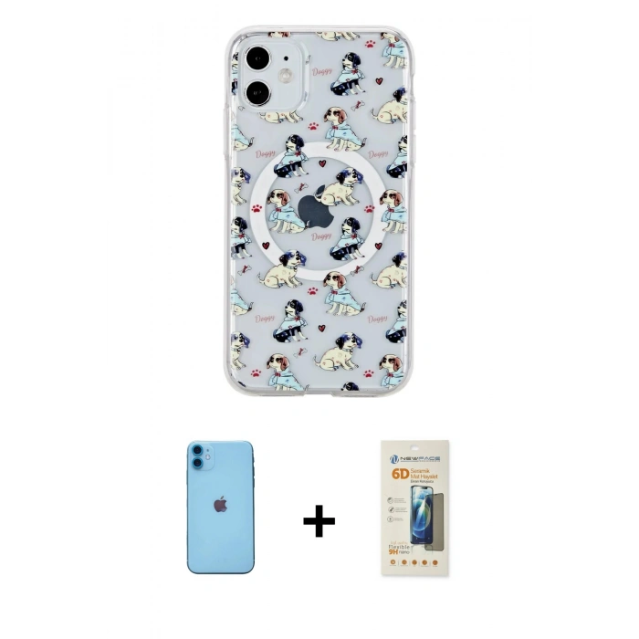 MARSİLYAN™- iPhone 11 Kılıf Pusula Form - Siyah 6D Mat Seramik Hayalet Nano Ekran Koruyucu + Neon Fosforlu Kamera Lens - MI