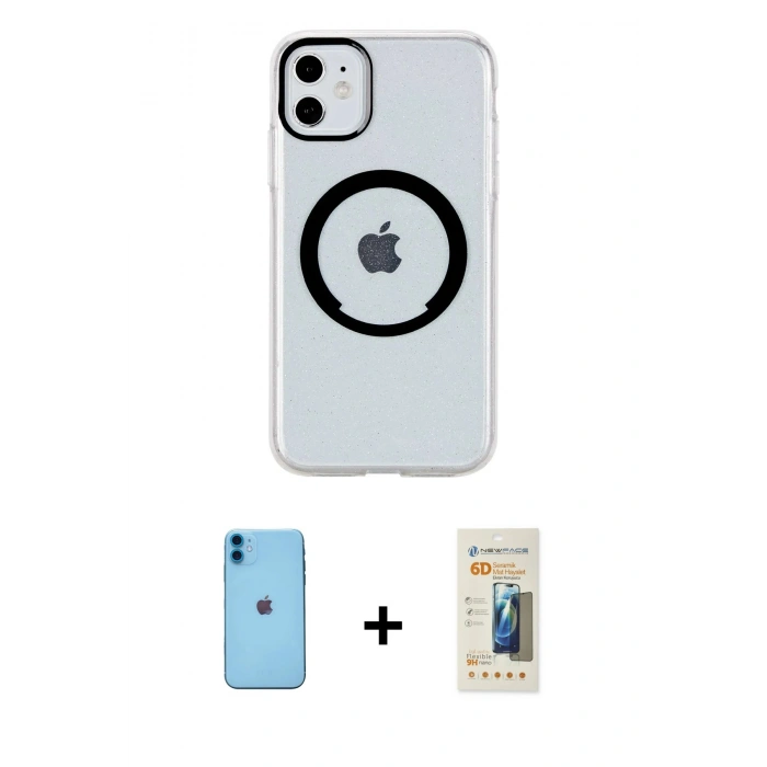 MARSİLYAN™- iPhone 11 Kılıf Pusula Form - Siyah 6D Mat Seramik Hayalet Nano Ekran Koruyucu + Neon Fosforlu Kamera Lens - MI
