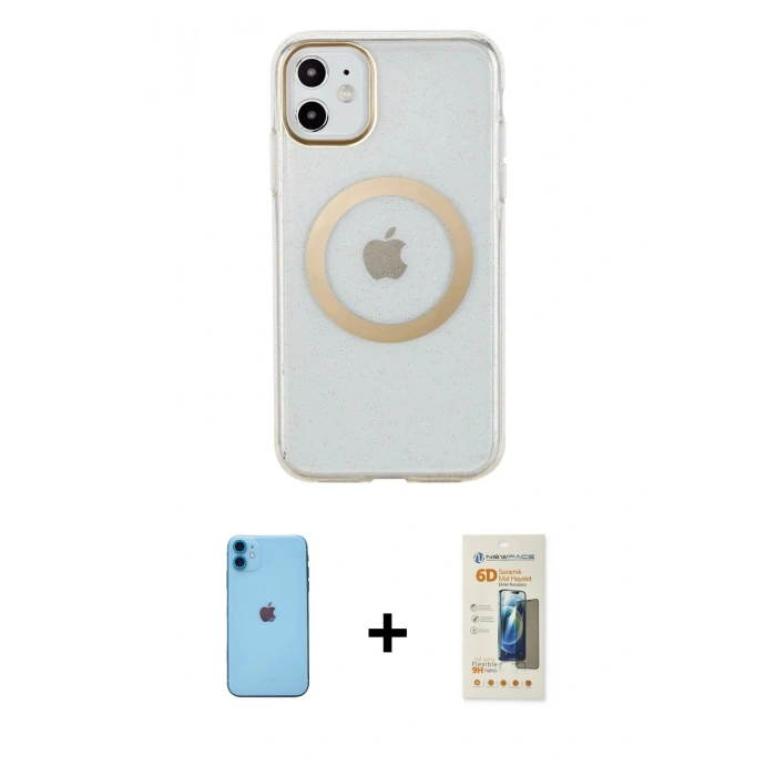 MARSİLYAN™- iPhone 11 Kılıf Pusula Form - Siyah 6D Mat Seramik Hayalet Nano Ekran Koruyucu + Neon Fosforlu Kamera Lens - MI