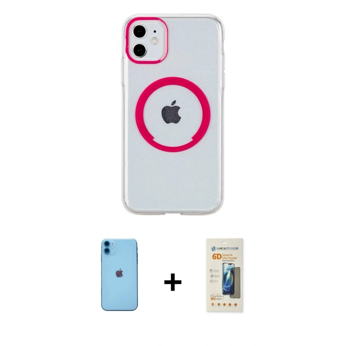 MARSİLYAN™- iPhone 11 Kılıf Pusula Form - Siyah 6D Mat Seramik Hayalet Nano Ekran Koruyucu + Neon Fosforlu Kamera Lens - MI