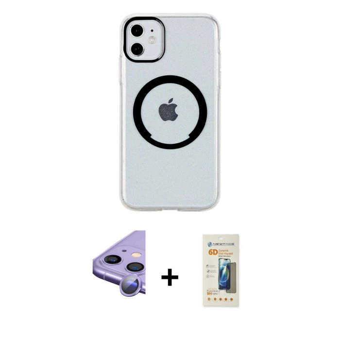 MARSİLYAN™- iPhone 11 Kılıf Pusula Form - Siyah 6D Mat Seramik Hayalet Nano Ekran Koruyucu + Mor Raze Metal Kamera Lens
