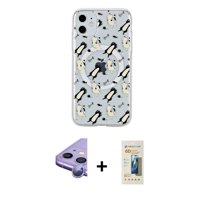 MARSİLYAN™- iPhone 11 Kılıf Pusula Form - Siyah 6D Mat Seramik Hayalet Nano Ekran Koruyucu + Mor Raze Metal Kamera Lens
