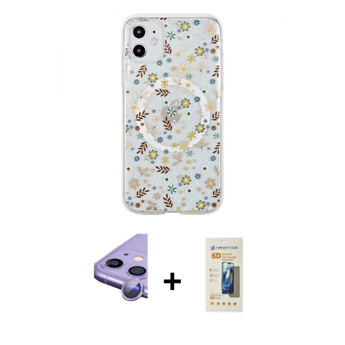 MARSİLYAN™- iPhone 11 Kılıf Pusula Form - Siyah 6D Mat Seramik Hayalet Nano Ekran Koruyucu + Mor Raze Metal Kamera Lens