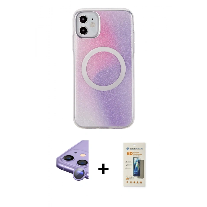 MARSİLYAN™- iPhone 11 Kılıf Pusula Form - Siyah 6D Mat Seramik Hayalet Nano Ekran Koruyucu + Mor Raze Metal Kamera Lens