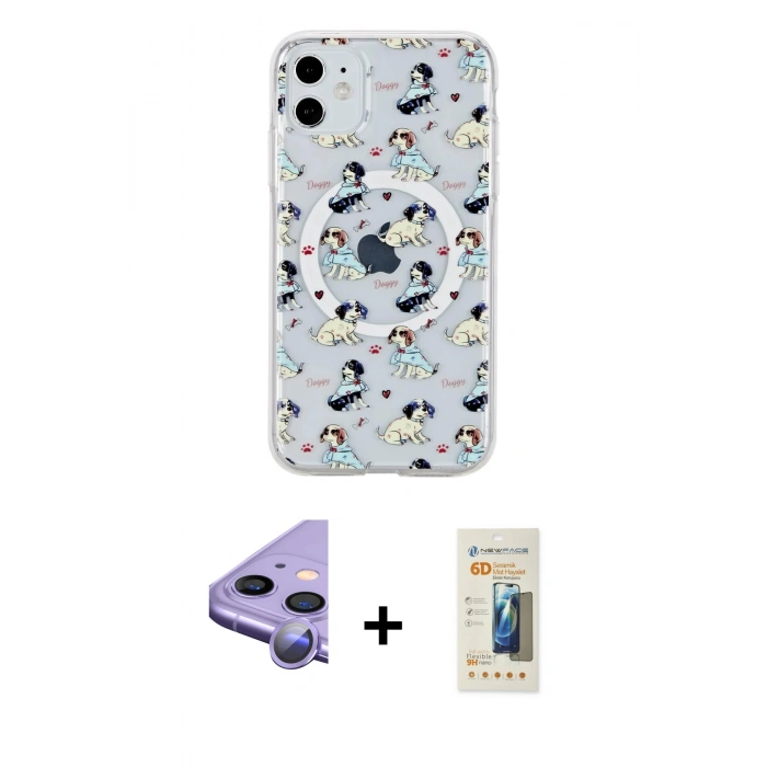 MARSİLYAN™- iPhone 11 Kılıf Pusula Form - Siyah 6D Mat Seramik Hayalet Nano Ekran Koruyucu + Mor Raze Metal Kamera Lens