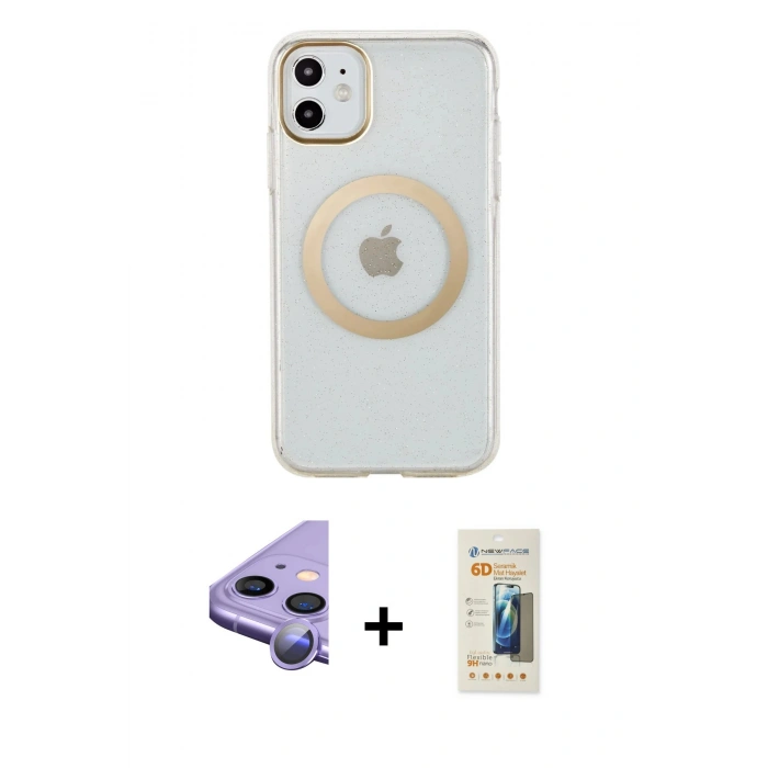 MARSİLYAN™- iPhone 11 Kılıf Pusula Form - Siyah 6D Mat Seramik Hayalet Nano Ekran Koruyucu + Mor Raze Metal Kamera Lens