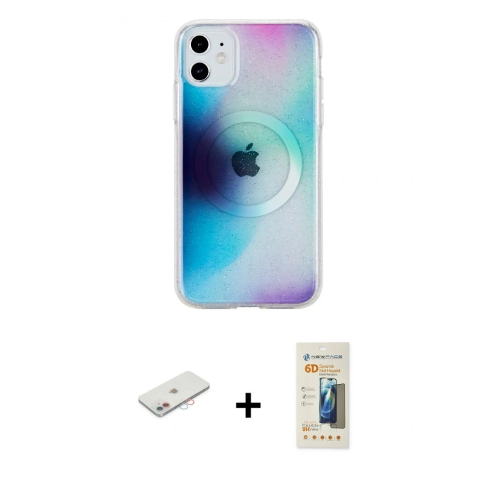 MARSİLYAN™- iPhone 11 Kılıf Pusula Form - Siyah 6D Mat Seramik Hayalet Nano Ekran Koruyucu + Renkli Kamera Lens Koruma Cam - PE