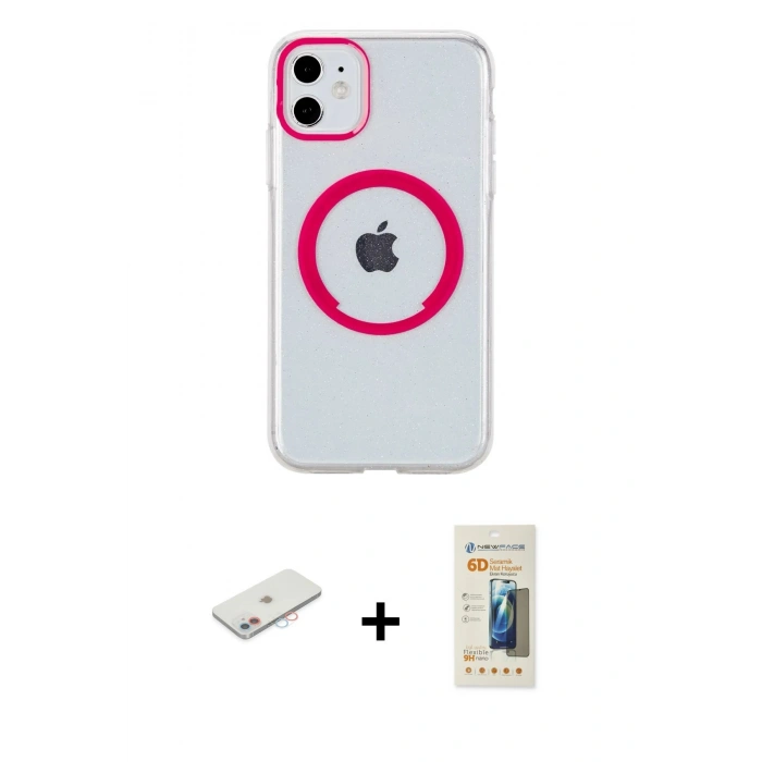 MARSİLYAN™- iPhone 11 Kılıf Pusula Form - Siyah 6D Mat Seramik Hayalet Nano Ekran Koruyucu + Renkli Kamera Lens Koruma Cam - PE