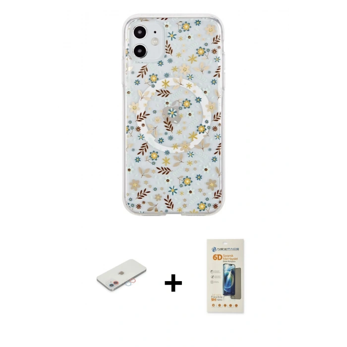 MARSİLYAN™- iPhone 11 Kılıf Pusula Form - Siyah 6D Mat Seramik Hayalet Nano Ekran Koruyucu + Renkli Kamera Lens Koruma Cam - PE