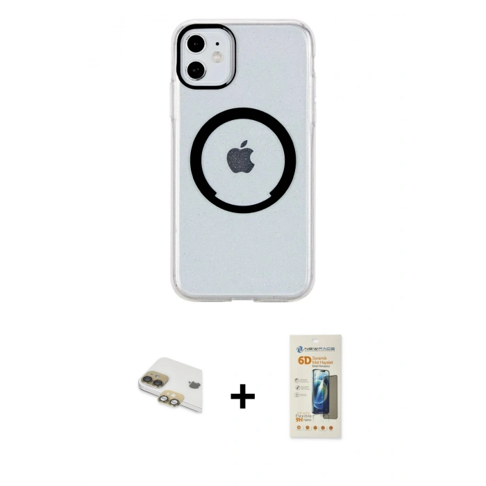 MARSİLYAN™- iPhone 11 Kılıf Pusula Form - Siyah 6D Mat Seramik Hayalet Nano Ekran Koruyucu + Pers Alüminyum Kamera Lens - GD