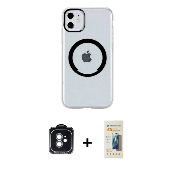 MARSİLYAN™- iPhone 11 Kılıf Pusula Form - Siyah 6D Mat Seramik Hayalet Nano Ekran Koruyucu + PVD Metal Kamera Lens - MI