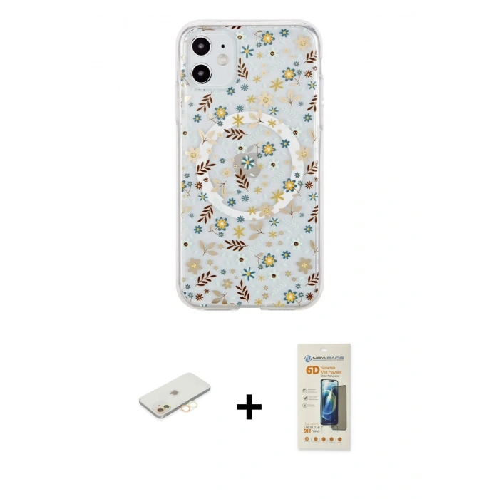 MARSİLYAN™- iPhone 11 Kılıf Pusula Form - Siyah 6D Mat Seramik Hayalet Nano Ekran Koruyucu + Renkli Kamera Lens Koruma Cam - SI