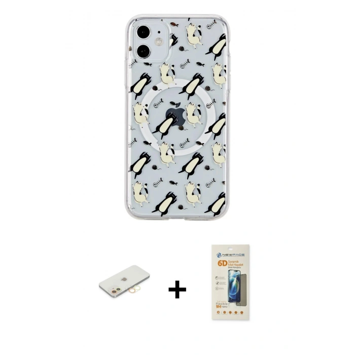 MARSİLYAN™- iPhone 11 Kılıf Pusula Form - Siyah 6D Mat Seramik Hayalet Nano Ekran Koruyucu + Renkli Kamera Lens Koruma Cam - SI