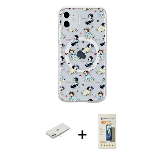 MARSİLYAN™- iPhone 11 Kılıf Pusula Form - Siyah 6D Mat Seramik Hayalet Nano Ekran Koruyucu + Renkli Kamera Lens Koruma Cam - YL