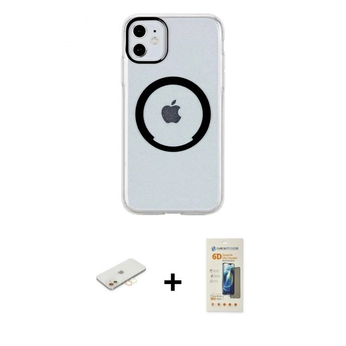 MARSİLYAN™- iPhone 11 Kılıf Pusula Form - Siyah 6D Mat Seramik Hayalet Nano Ekran Koruyucu + Renkli Kamera Lens Koruma Cam - SI