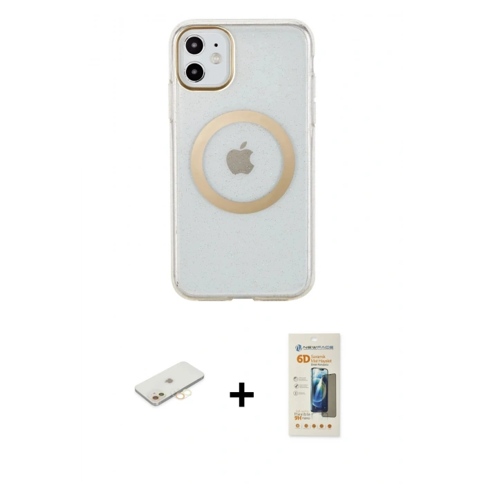 MARSİLYAN™- iPhone 11 Kılıf Pusula Form - Siyah 6D Mat Seramik Hayalet Nano Ekran Koruyucu + Renkli Kamera Lens Koruma Cam - SI