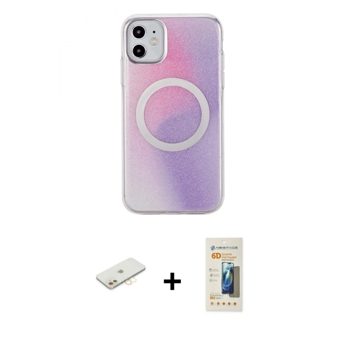 MARSİLYAN™- iPhone 11 Kılıf Pusula Form - Siyah 6D Mat Seramik Hayalet Nano Ekran Koruyucu + Renkli Kamera Lens Koruma Cam - SI