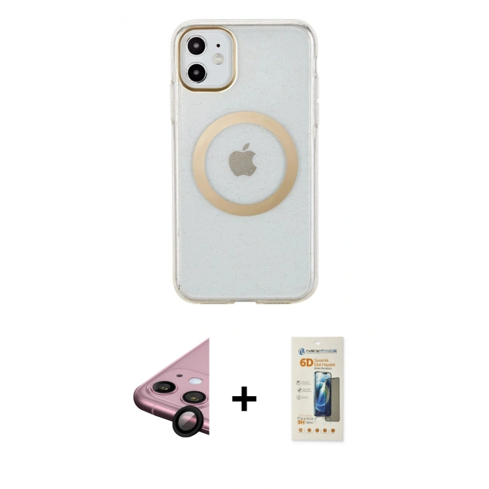 MARSİLYAN™- iPhone 11 Kılıf Pusula Form - Siyah 6D Mat Seramik Hayalet Nano Ekran Koruyucu + Raze Metal Kamera Lens - SH