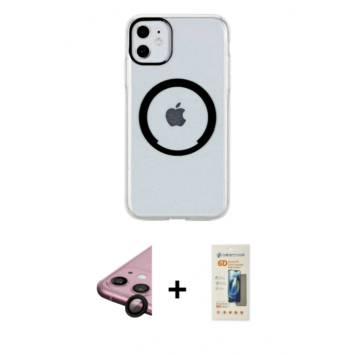 MARSİLYAN™- iPhone 11 Kılıf Pusula Form - Siyah 6D Mat Seramik Hayalet Nano Ekran Koruyucu + Raze Metal Kamera Lens - SH